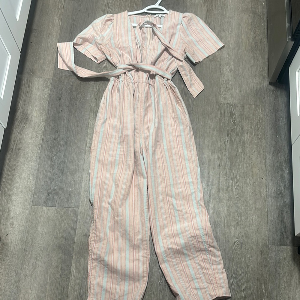 Madewell Pink and White Striped Jumpsuit with Tie Waist